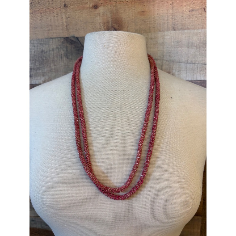 Pink Red Glass Seed Bead Rope Necklace Long Continuous Loop Boho Layering